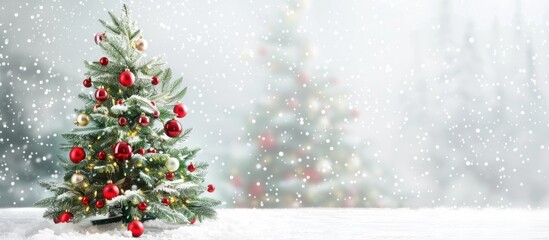 Poster - A Christmas tree adorned with ornaments is set against a snowy backdrop creating a festive ambiance perfect for adding text in the available copy space image