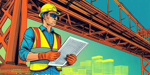 Construction worker examines plans under a bridge.