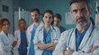 © VK Studio - A group of serious medical professionals, with a doctor in the foreground, standing confidently in a hospital setting, ready to tackle any challenges.
