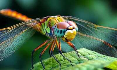 Wall Mural - Dragonfly Macro Closeup on a Leaf