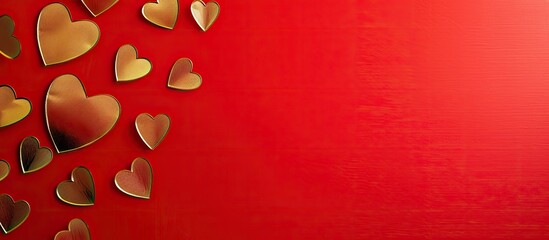 Poster - Valentine s Day concept with heart shaped gold paper cutouts on a vibrant red backdrop perfect for use as a copy space image