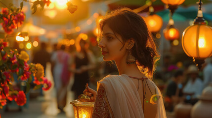 Poster - indian woman holding a lantern in her hand, and group of visitors at a cultural pathway with contemporary pottery