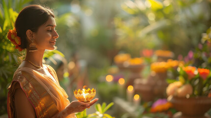 Poster - indian woman holding a lantern in her hand, and group of visitors at a cultural pathway with contemporary pottery