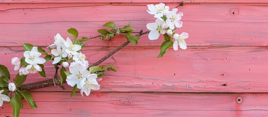 Fototapete - A blooming branch of a spring apple tree against a pink wooden backdrop providing a picturesque copy space image