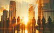 © PixelGallery - Silhouetted Business Team in Urban Sunset Scene. Diverse business professionals silhouetted against a sunset, symbolizing unity and ambition in a modern city setting.