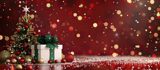 Fototapete - Elegant winter themed image with a golden tree a white gift box adorned with a green bow red baubles sparkling lights and a dark red backdrop for text placement. copy space available