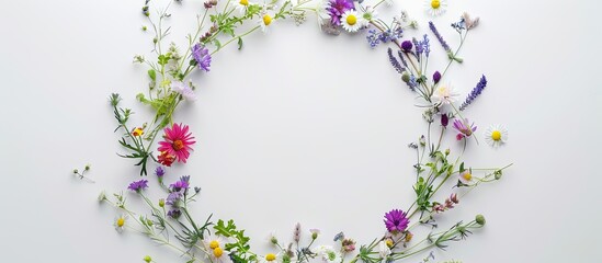 Aufkleber - Round frame wreath of spring wildflowers on white background top view flat lay with copy space image