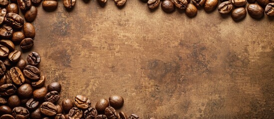 Wall Mural - A vintage toned top view photo of roasted coffee beans on a rustic background with blank copy space