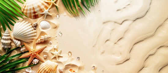 Poster - Summer beach with sea shells starfish and palm creating a tranquil scene on a sand background to enhance the copy space image