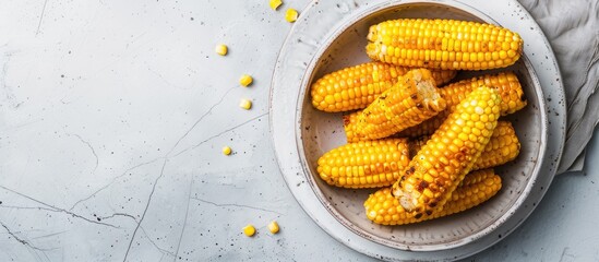 Poster - Grilled corn cobs in a bowl on a white tile table perfect for your copy space image