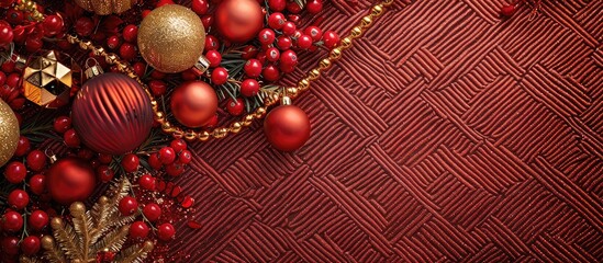 Wall Mural - Top view of a Christmas themed red herringbone background adorned with gold and red jewelry perfect for a copy space image