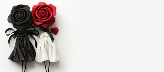 Poster - Valentine s Day themed doll with red and black rose conveying love on a white backdrop with copy space image