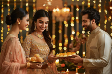 Wall Mural - indian man and women in party dress, with one indian woman holding plate of laddu food , smiling at each other