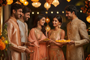 Poster - indian man and women in party dress, with one indian woman holding plate of laddu food , smiling at each other