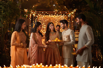 Poster - indian man and women in party dress, with one indian woman holding plate of laddu food , smiling at each other