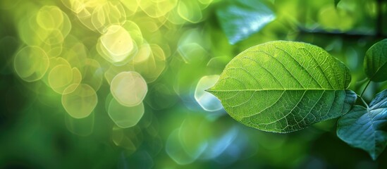 Aufkleber - Nature themed green leaf displayed against a blurred backdrop with attractive bokeh effects providing room for text in a copy space image