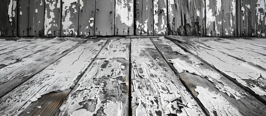 Aufkleber - Peeling paint on an old wooden floor with a black and white background provides a striking copy space image