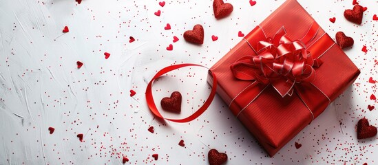 Poster - A red gift box adorned with a matching ribbon and bow set on a white background embellished with red hearts perfect for a holiday web banner Top view with copy space image