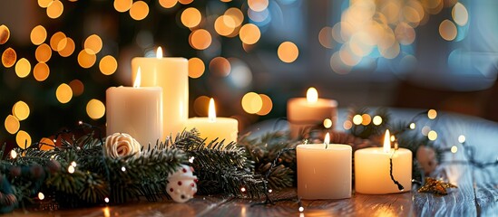 Aufkleber - A festive scene on a table adorned with white candles fir branches and a glowing garland Perfect for Christmas and New Year celebrations Includes copy space image
