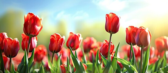 Aufkleber - A scenic banner depicts a vibrant red tulip field in full bloom during springtime with ample copy space for text or images