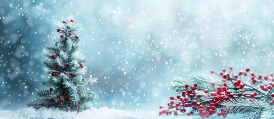 Fototapete - Winter holiday theme with a Christmas tree red berries and snow effect on a background perfect for Happy New Year greetings and text placement in the copy space image