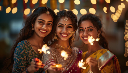 Poster - Three beautiful young Indian women in traditional , smiling and holding sparklers at an indoor festive event with light decorations, celebrating the festival of Diwali