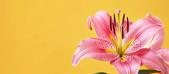 Aufkleber - A pink lily flower under yellow light with a blank background for text providing copy space in the image