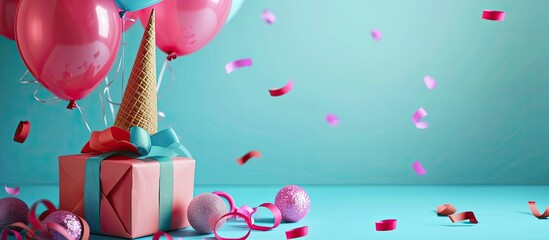 Poster - Gift box cone and balloons on a bright background with copy space image