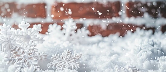 Aufkleber - Snowflakes on a white background with a blurred brick wall in the background provide ample copy space in the image