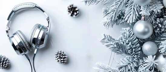 Aufkleber - Top view of silver Christmas decoration and headphones on a white background with copy space image available