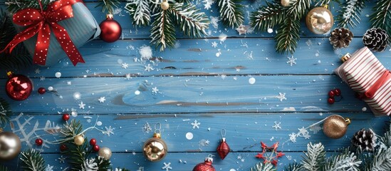 Sticker - A festive Christmas decoration featuring fir branches ornaments a gift on a snowy blue wooden plank with a designated area for adding an image. copy space available