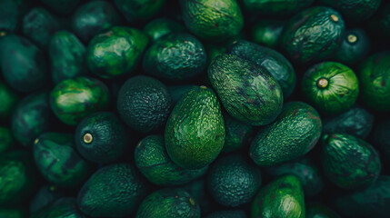 Poster - A close-up of a pile of fresh avocados, showcasing their rich green textures and hues, indicating deliciousness and ripeness.