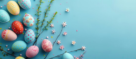 Aufkleber - Easter eggs decorated with paint arranged on a blue table with copy space image