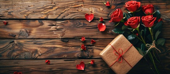 Poster - Valentine s Day greeting card concept with red roses and a gift box on a rustic wooden backdrop ideal for custom text. copy space available