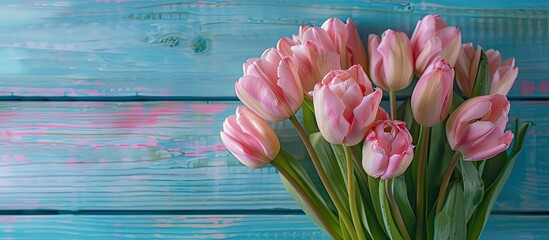 Poster - Top view of pink tulip bouquet on blue wooden backdrop with selective focus Ideal for copy space image