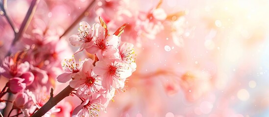 Aufkleber - Spring themed horizontal banner featuring pink sakura flowers against a sunny backdrop The fresh bloom provides a lovely nature inspired setting with a branch of blooming sakura perfect for a copy sp