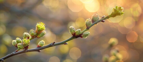 Poster - In early spring the tree s buds unfold against a blurred backdrop highlighting a copy space image