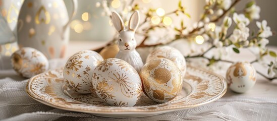 Wall Mural - An arrangement of Easter eggs adorned with gold patterns and bunny figures on a plate exuding a sense of cozy home comfort during the festive Easter season with a spacious area for additional element