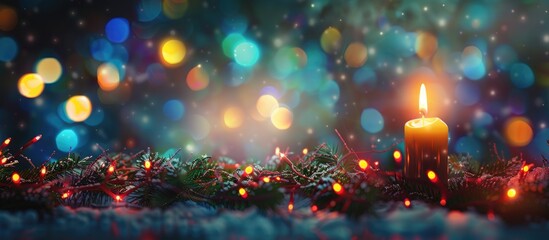 Aufkleber - A festive Christmas background with a floating candle colorful garland and bokeh effect creating a picturesque copy space image