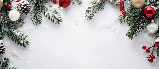 Fototapete - Top view copy space image of a snow covered white background adorned with Christmas tree decorations for a New Year Christmas sale