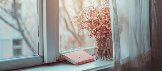 Poster - Copy space image featuring a lovely bouquet and a pink diary placed on the windowsill