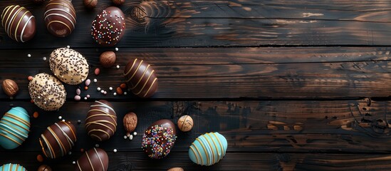 Aufkleber - Top view of chocolate Easter eggs set against a dark wooden surface with ample copy space image
