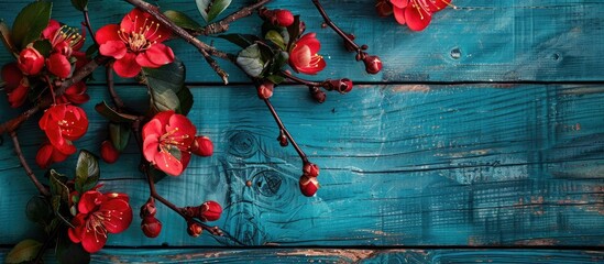 Aufkleber - Top view of red flowers on a blue wooden backdrop with a quince blossom for a captivating copy space image