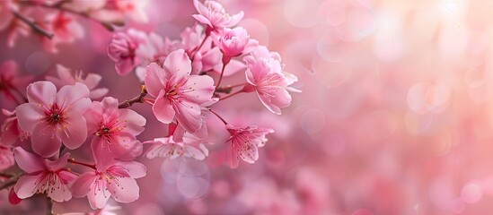 Aufkleber - A lovely spring atmosphere with a flowering tree showcasing pink blossoms Ideal for a picturesque springtime backdrop with copy space image