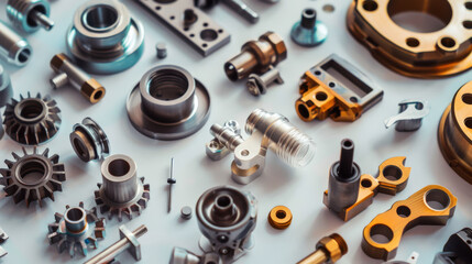 Sticker - Close-up of various metal components and gears, meticulously arranged on a light surface. The intricate details of each piece exhibit precision engineering.