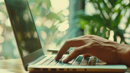 Sticker - Hands poised over a laptop keyboard in a warm-lit, tranquil workspace, illustrating concentration and productivity.