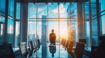 A lone businessman stands contemplatively in a modern glass-walled conference room, gazing at the city's skyline, embodying corporate ambition and reflection.