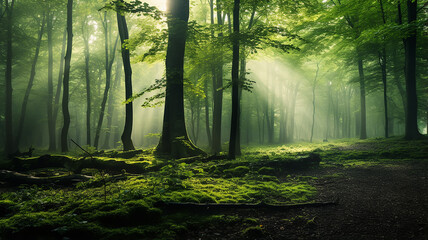 Wall Mural - misty landscape in a fresh green spring forest, trunks of green trees in the mist of the forest morn
