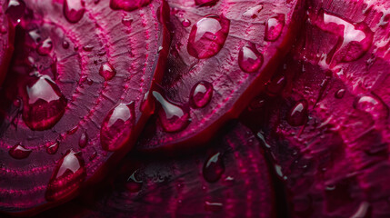 Wall Mural - Close-up of vibrant beet slices covered with glistening water droplets, showcasing the texture and color of the fresh vegetable.