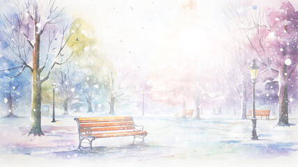 Sticker - christmas park, light white background park bench, watercolor illustration, abstract holiday background